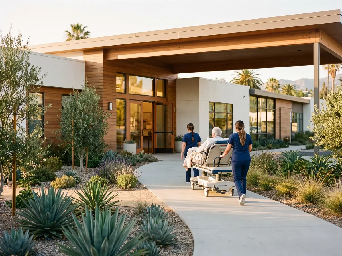 A gurney transfer arriving at a skilled nursing facility