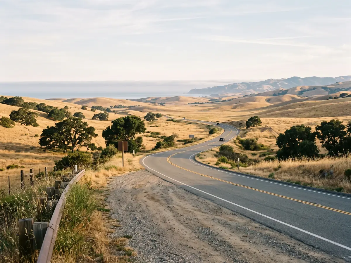 A California highway winding through golden hills