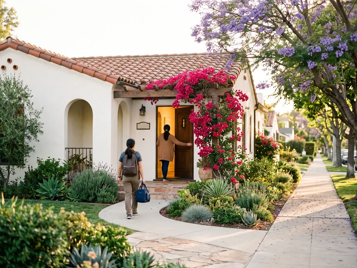 A caregiver helping a patient return home along a garden path