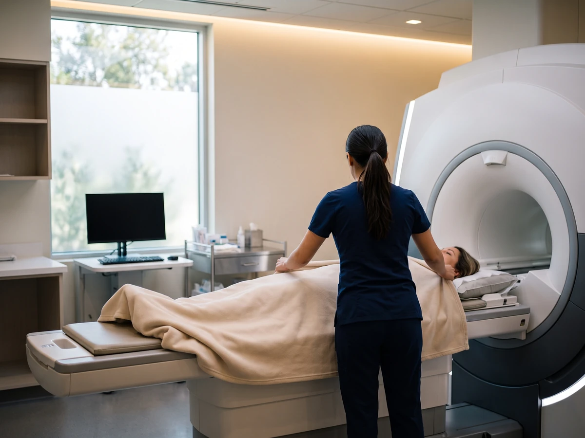 A technician preparing a patient for an imaging scan