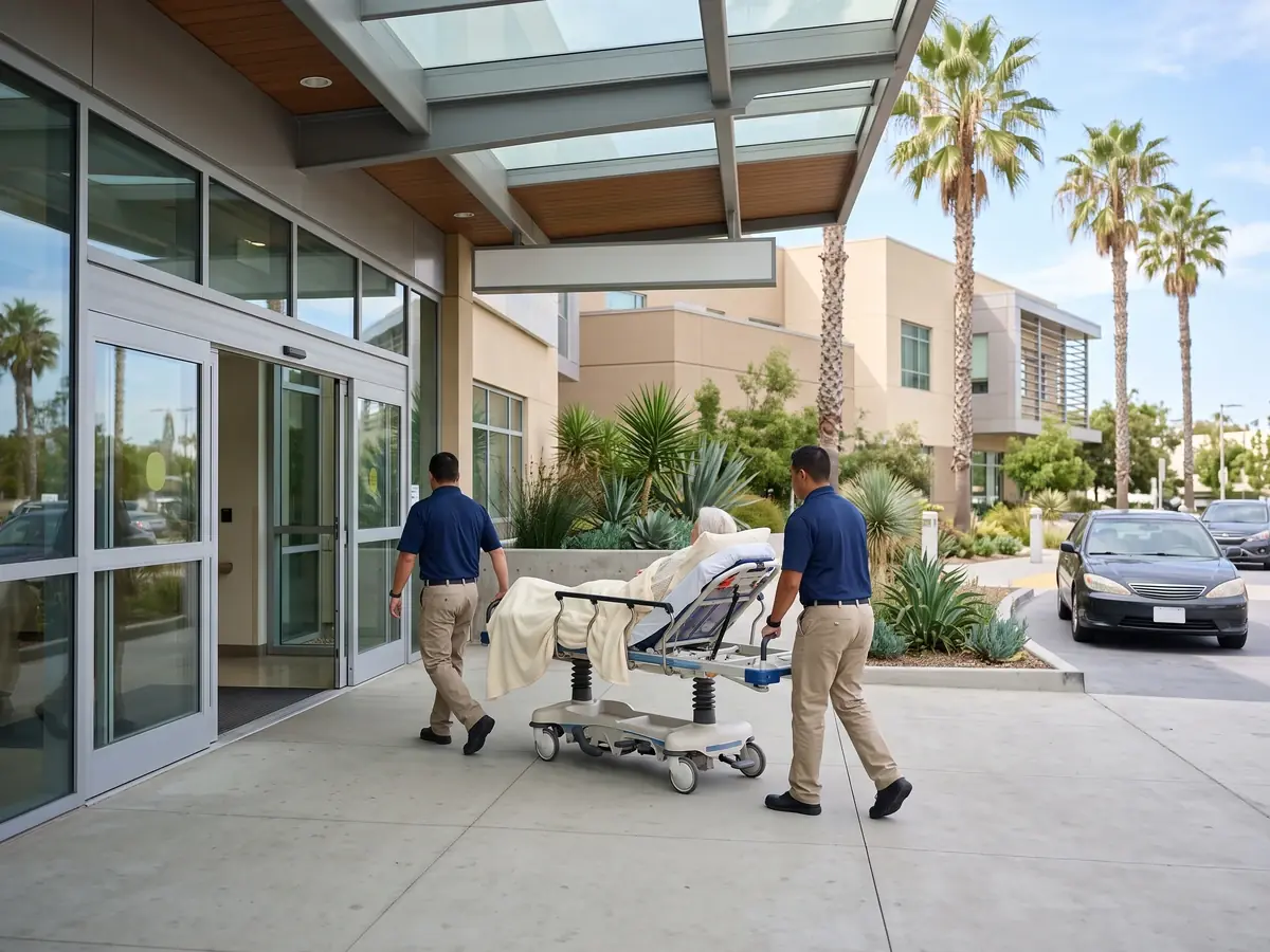 MoveMe Medical team members wheeling a gurney out of a hospital entrance