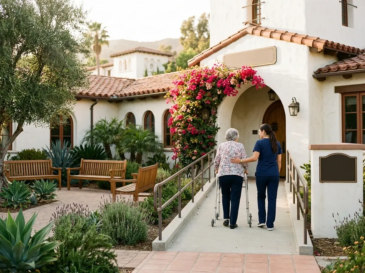 A caregiver walking with a resident toward an assisted living community entrance