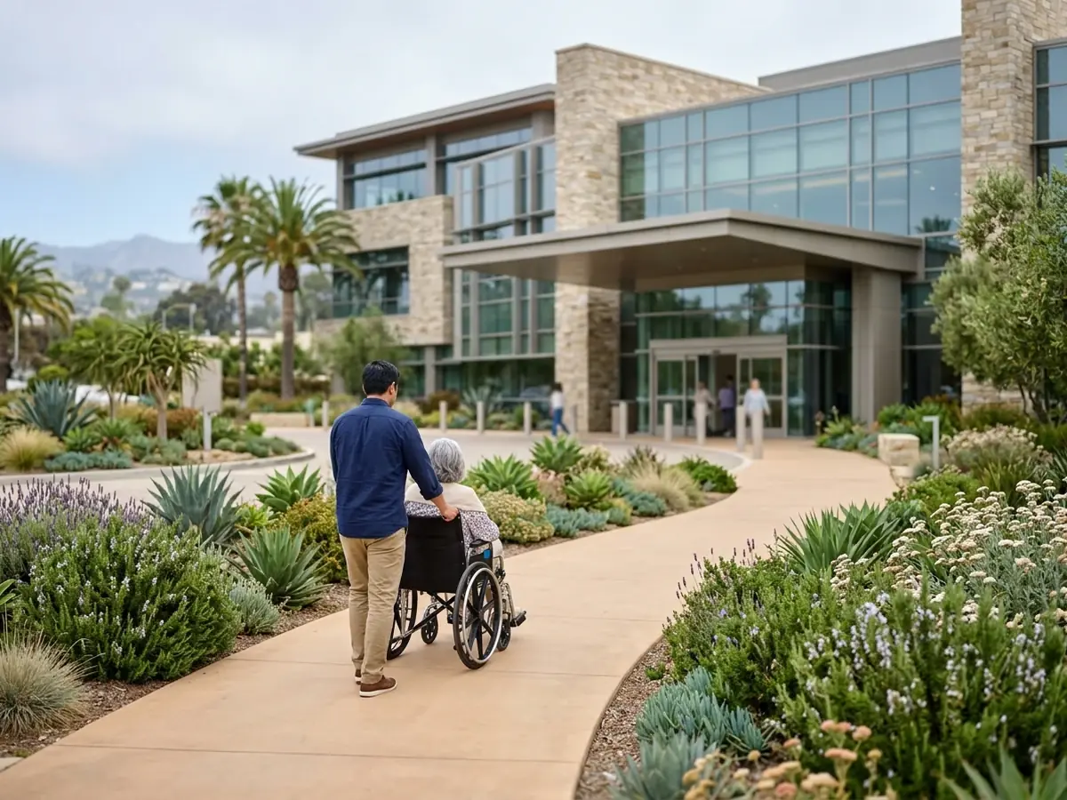 A rider in a wheelchair arriving at a cancer treatment center