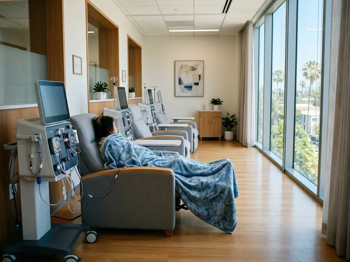 Treatment chairs inside a bright dialysis center