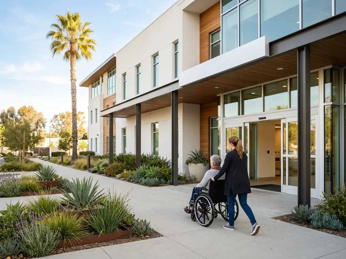 A caregiver pushing a rider in a wheelchair toward a medical office building