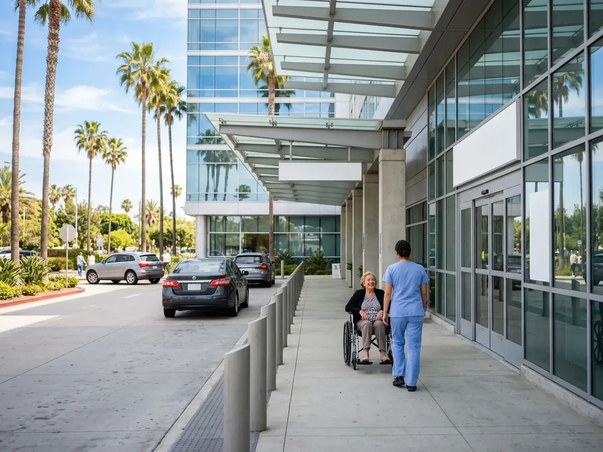 A rider in a wheelchair being escorted out of a hospital entrance
