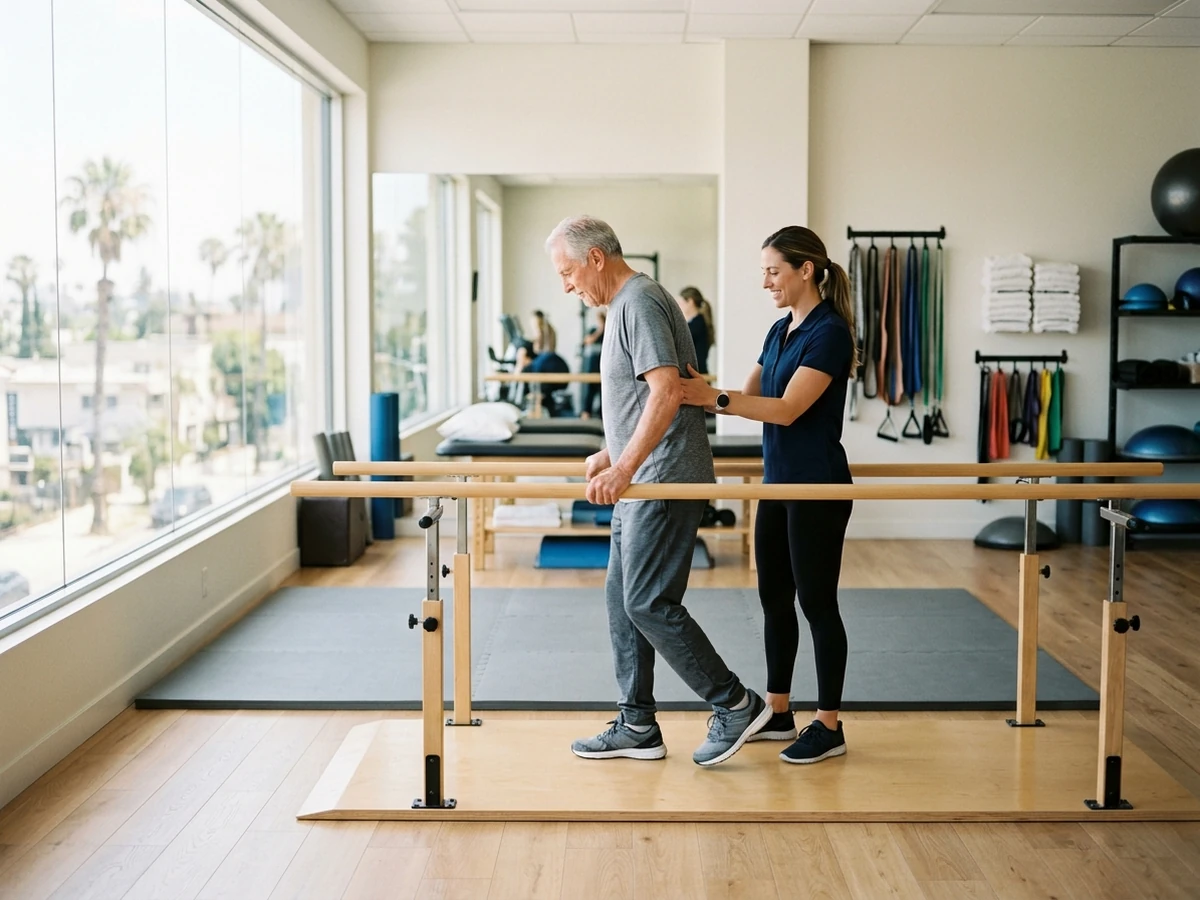 A physical therapist assisting a patient at parallel bars in a therapy gym